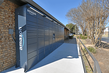 the outside of a building with a garage door
